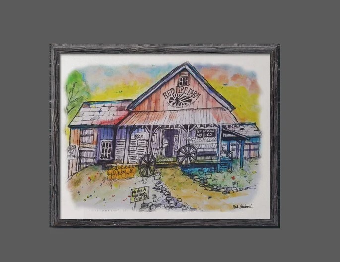 Antique Red Fire Farm Barn Watercolor Painting Sketch