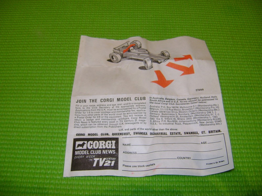 CORGI TOYS 158 LOTUS CLIMAX F-1 COUPON JOIN THE CORGI MODEL CLUB ORIGINAL-image