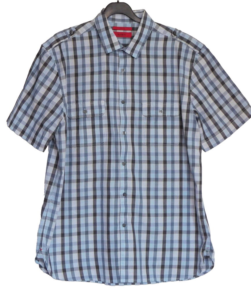 Alfani Large Blue Check Fitted Short Sleeve Shirt with Check Pockets