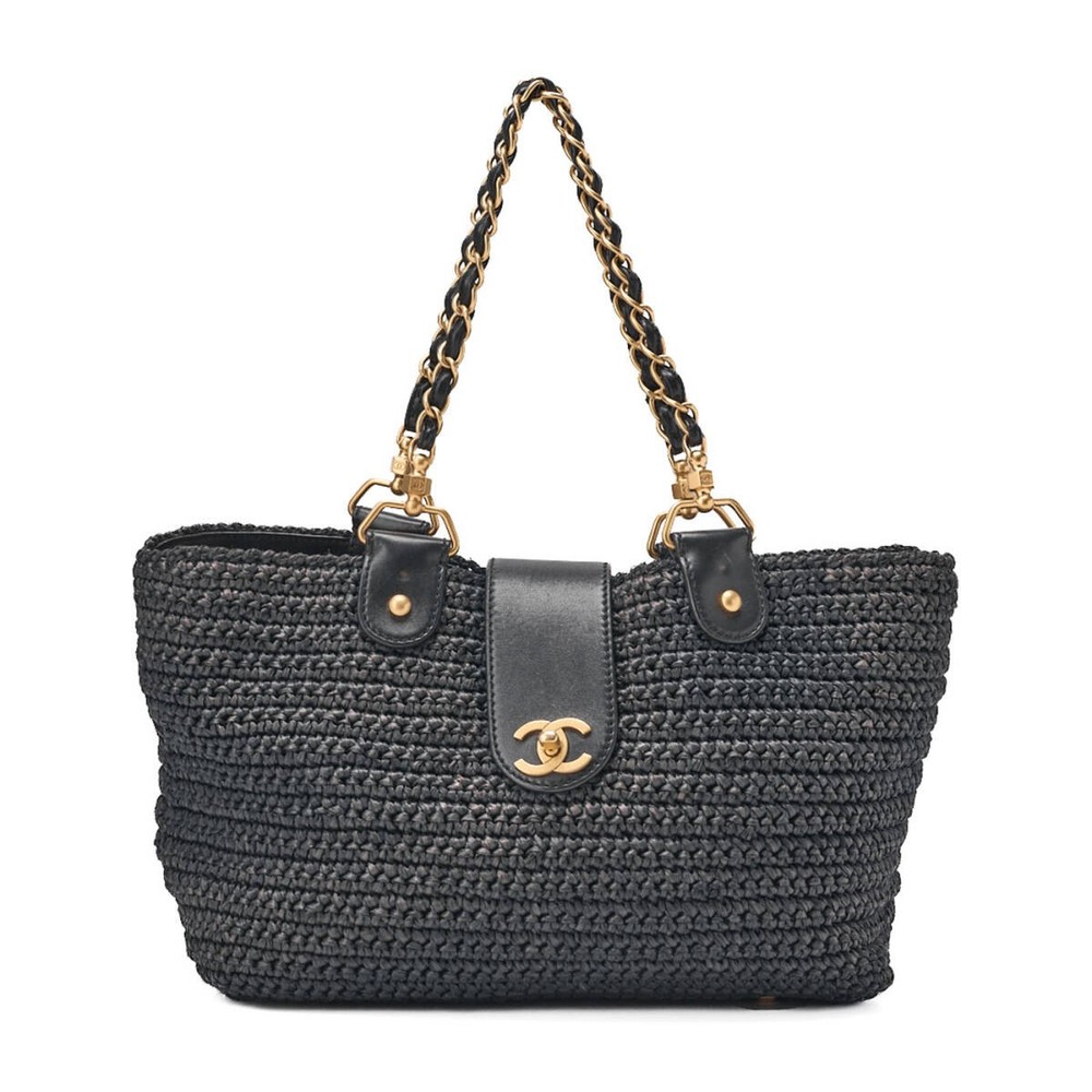 CHANEL Chain Tote Bag Bicolore Coco Mark Raffia x Lambskin  257337