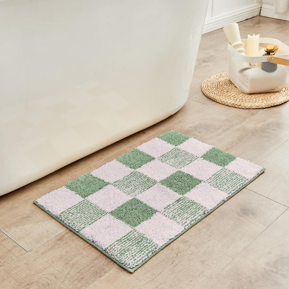 Sage Green Checkered Bath Mat, Non-Slip Microfiber, 24 x 16, Washable