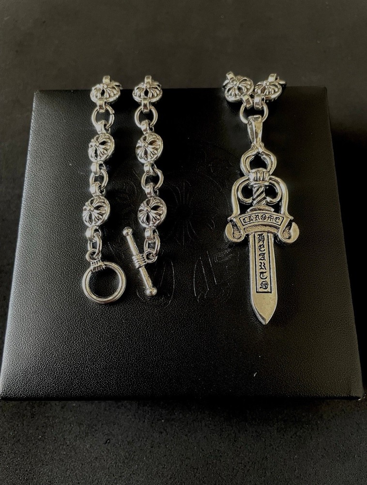 Gothic Y2K Chrome Dagger Necklace with Cross Pendant Heavy 20in Chain 925 Silver