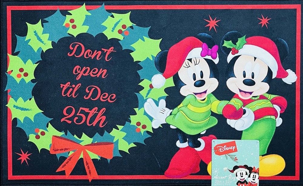 Disney Mickey Mouse Minnie Christmas Mat Rug 20”x32” Don’t Open Til Dee 25th Blk