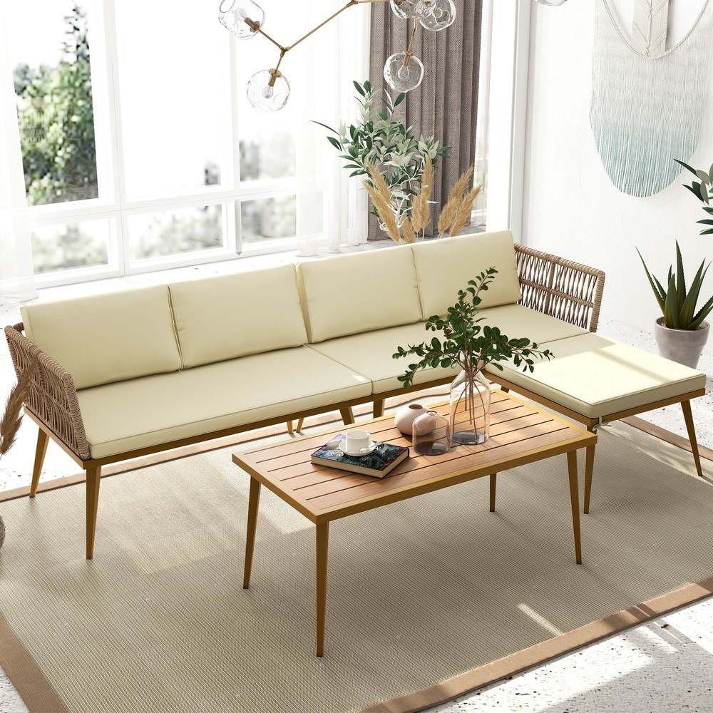 4 Pieces Wicker Rattan Loveseat Sectional Conversation L-Shaped Outdoor Sofa