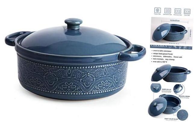 FE Casserole Dish, 2 Quart Round Ceramic Bakeware with Cover, Lace Emboss Blue