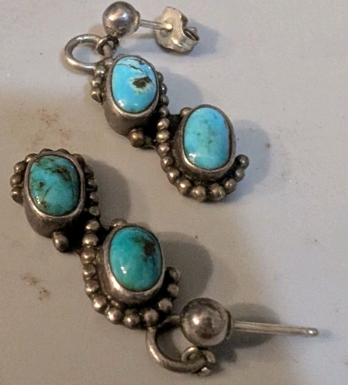 Vintage Native American Sterling Silver Turquoise Dangle Earrings Navajo Zuni...