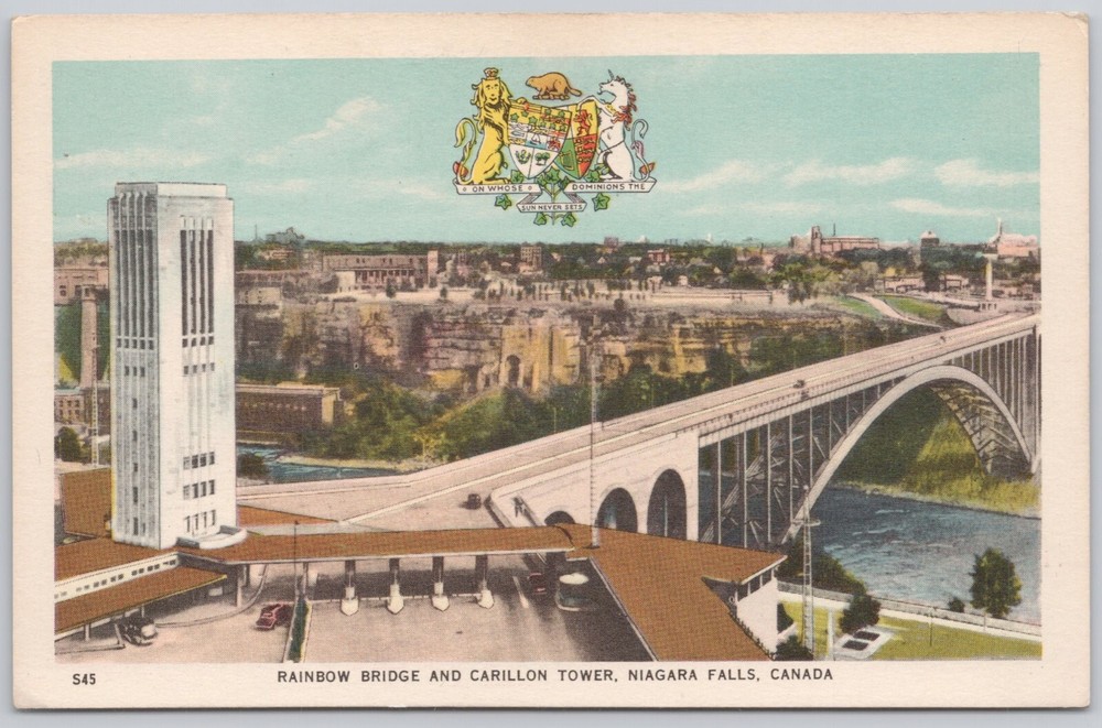 Niagara Falls Ontario Canada White Border Postcard Rainbow Bridge Carillon Tower
