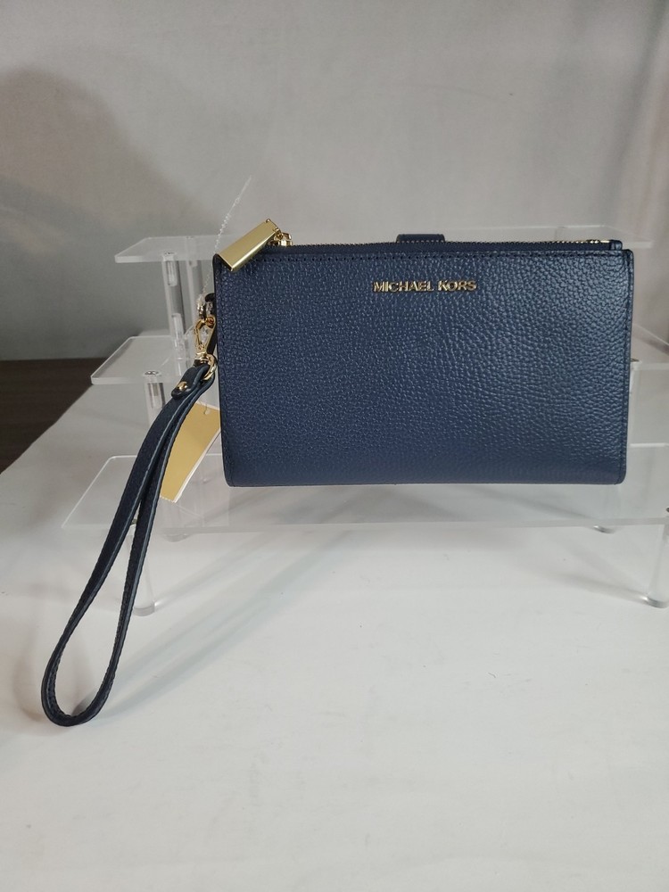 Michael Kors Double Zip Wristlet Navy Blue Leather Wallet NWT $128