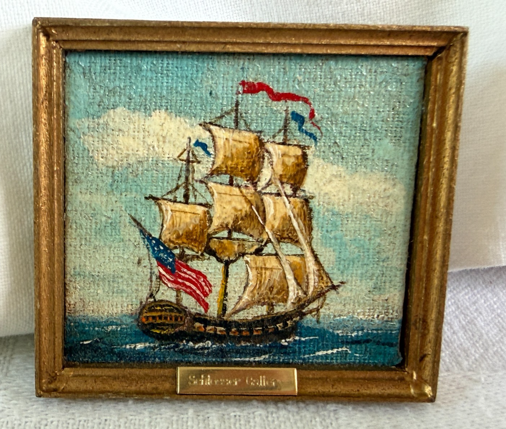 George Schlosser Tiny Oil Painting 1983 Tall Ship Nautical 1.75