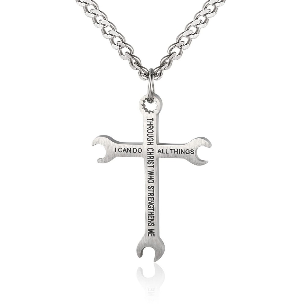 Wrench Cross Necklace for Men Stainless Steel Chain 24inch Wrench Tool Charm ...