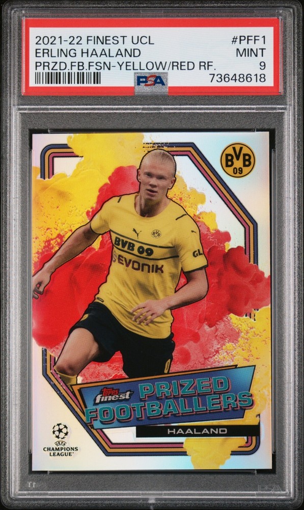 2021-22 Finest UCL Erling Haaland Prized Footballers Fusion Yellow Red PSA 9