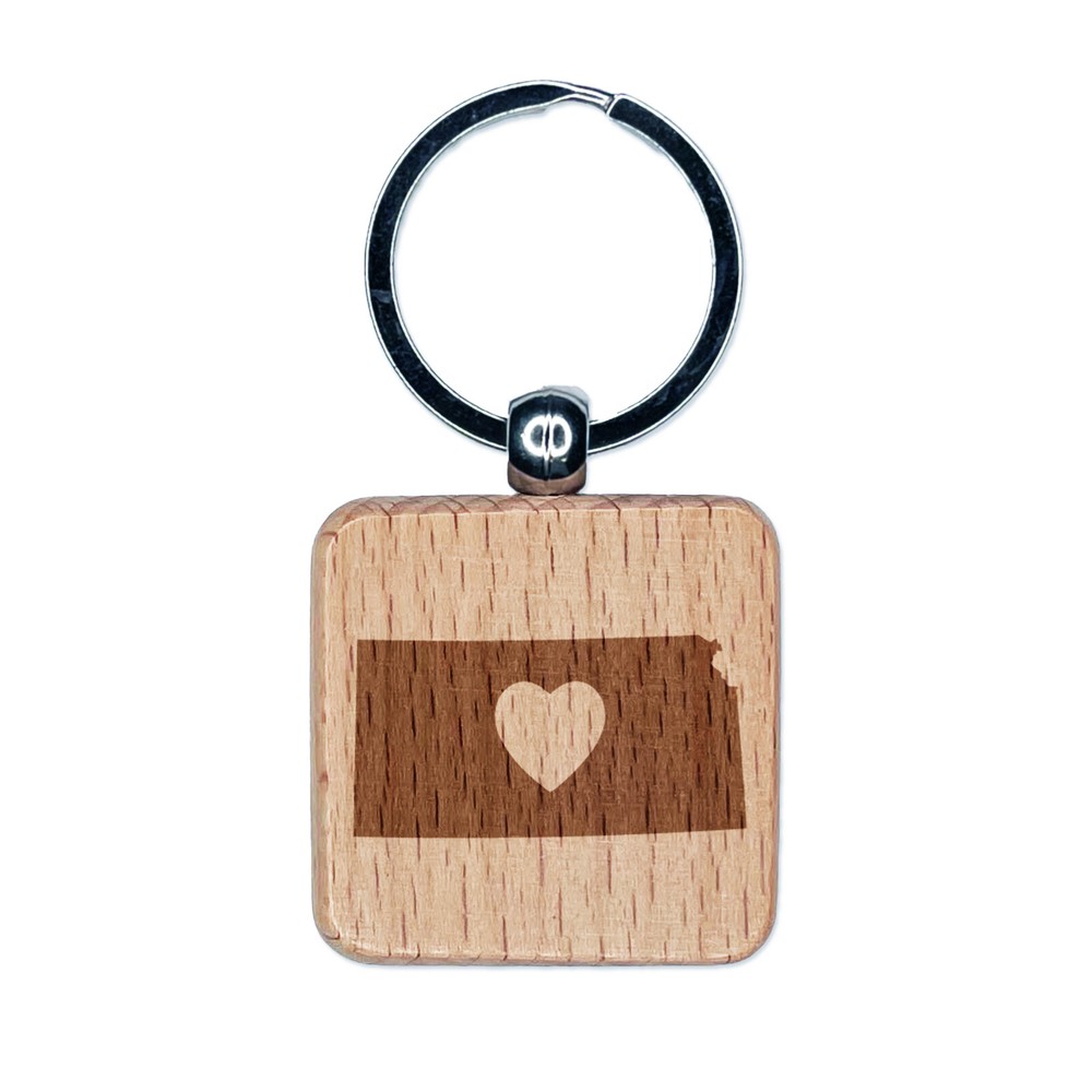Kansas State with Heart Engraved Wood Square Keychain Tag Charm