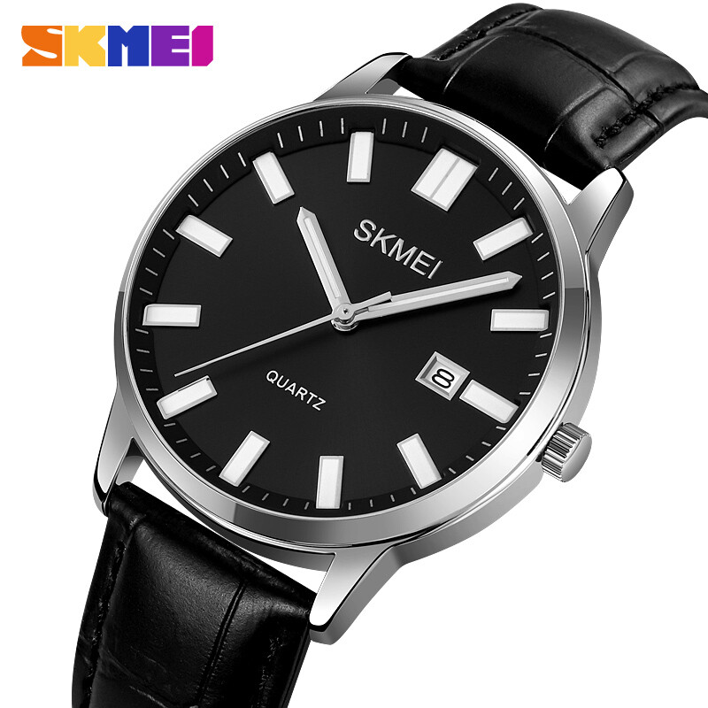 SKMEI Mens Black Leather Quartz Business Watch with Calendar
