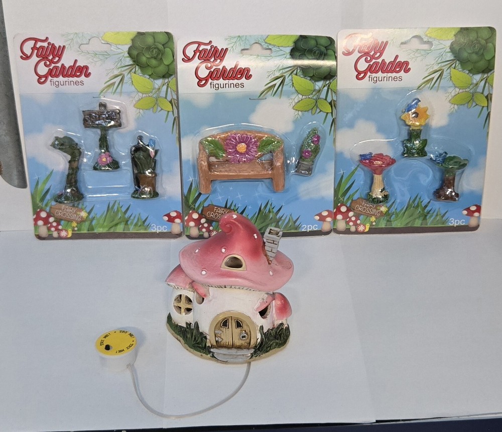 Greenbrier Resin Fairy Garden Set 9 Pieces Miniature Lighted House And Decor.