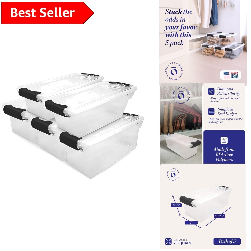 7.5 Quart Clear Plastic Storage Bins Set of 5 with Latching Lids