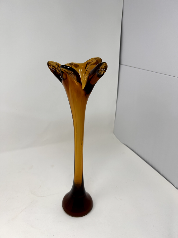 Vintage Amber Swung Glass Vase | Tall Mid-Century Modern Stretch Art Glass