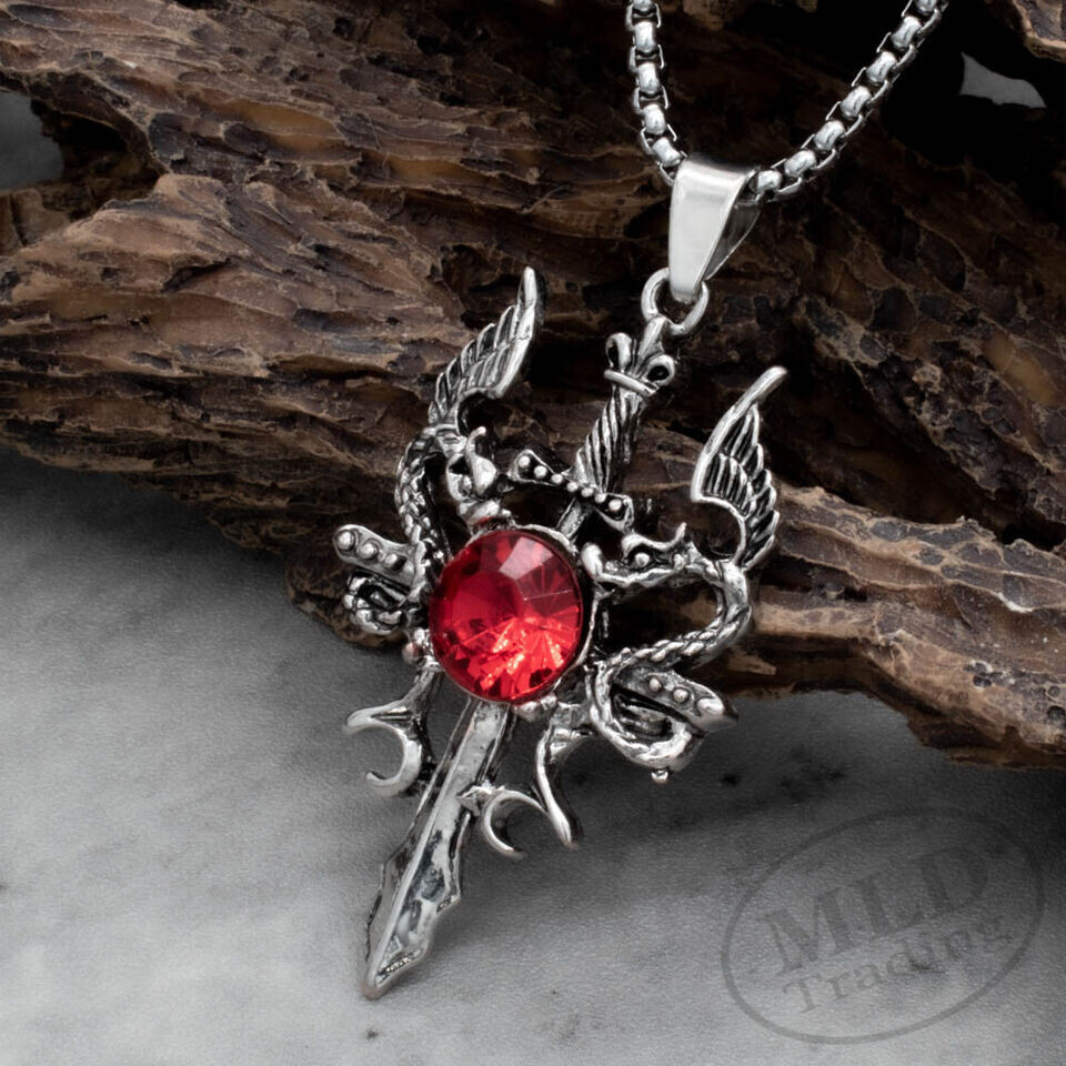 Double Dragon Sword Necklace with Red Black Crystal Pendant Amulet-image