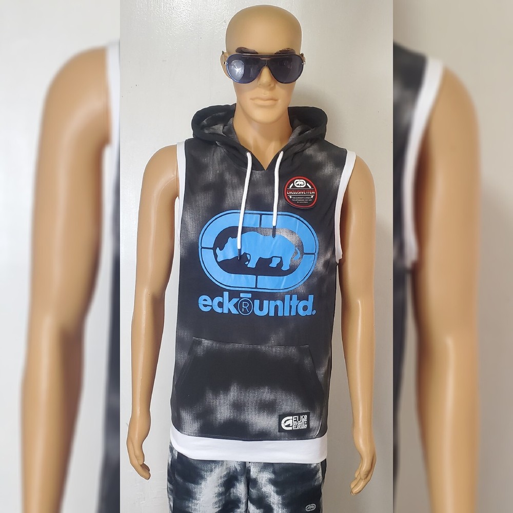 ECKO UNLTD SLEEVELESS STAR BURST MUSCLE HOODIE MEN SZ XL WHITE TIE DYE W/ POCKET