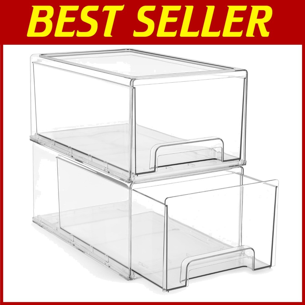 Closet Pantry Office Storage - Clear Plastic Bins 2-Pack