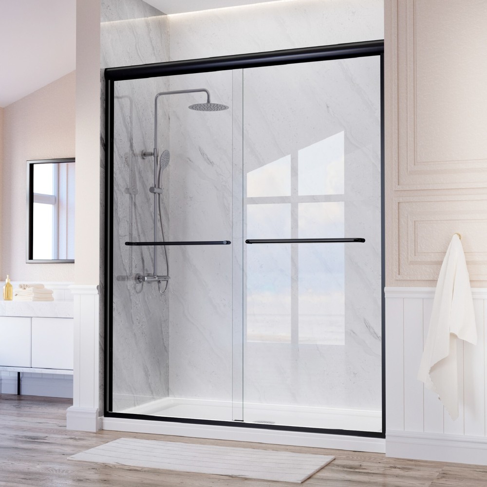 59W x 72H Black Semi-Frameless Double Sliding Shower Door-image