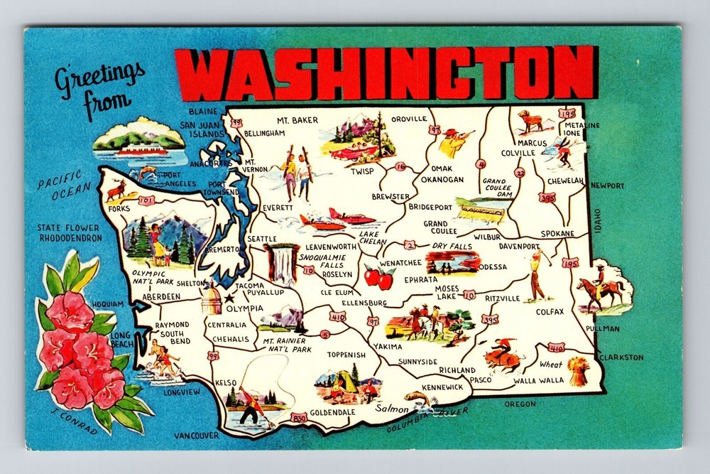 WA-Washington, Scenic Map Greetings, Landmarks, Vintage Postcard
