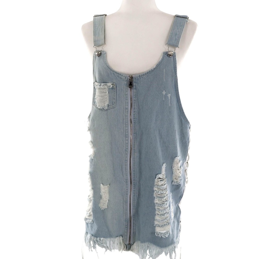 Hot & Delicious Destroyed Overalls Dress Womens L Denim Casual Clubbing Cover-Up