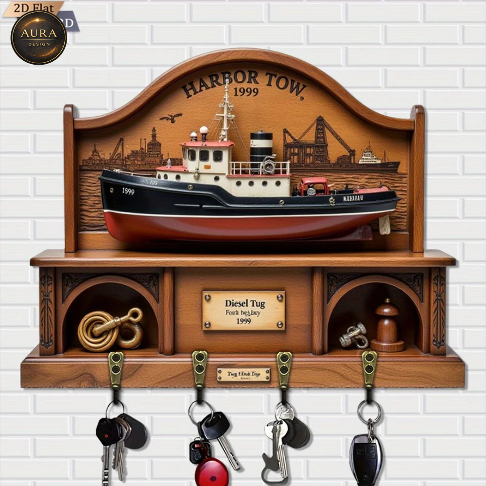 30cm Wall Key Holder – 2D Tugboat Ship 4 Hooks Entrance