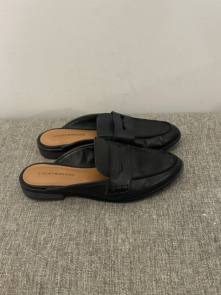 Lucky Brand Women’s Black Leather Slip On Mule Penny Loafers Sizd 7.5