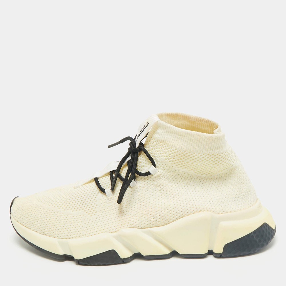 Balenciaga Cream Knit Fabric Speed Sock Lace Up Sneakers Size 39
