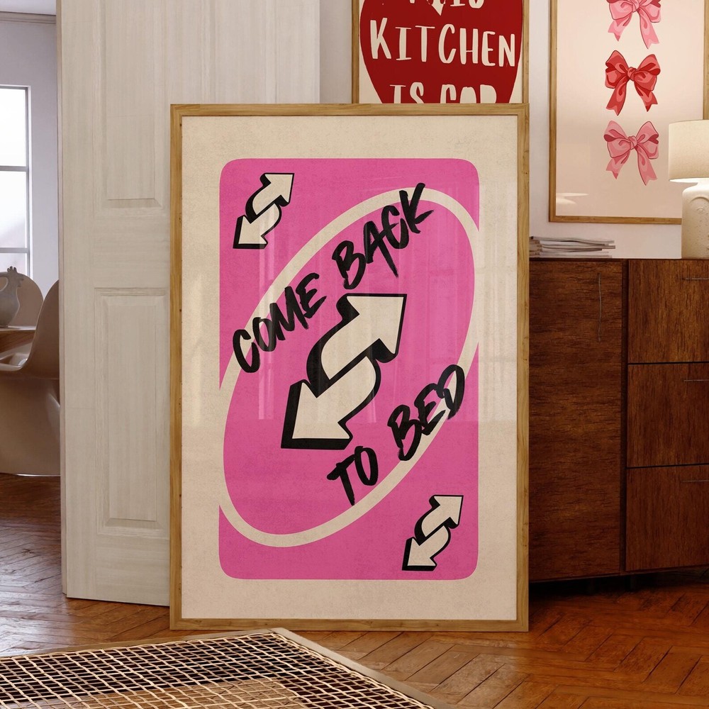 Come Back To Bed Print Pink Retro Wall Art Playing Card Wall Art Valentines Day