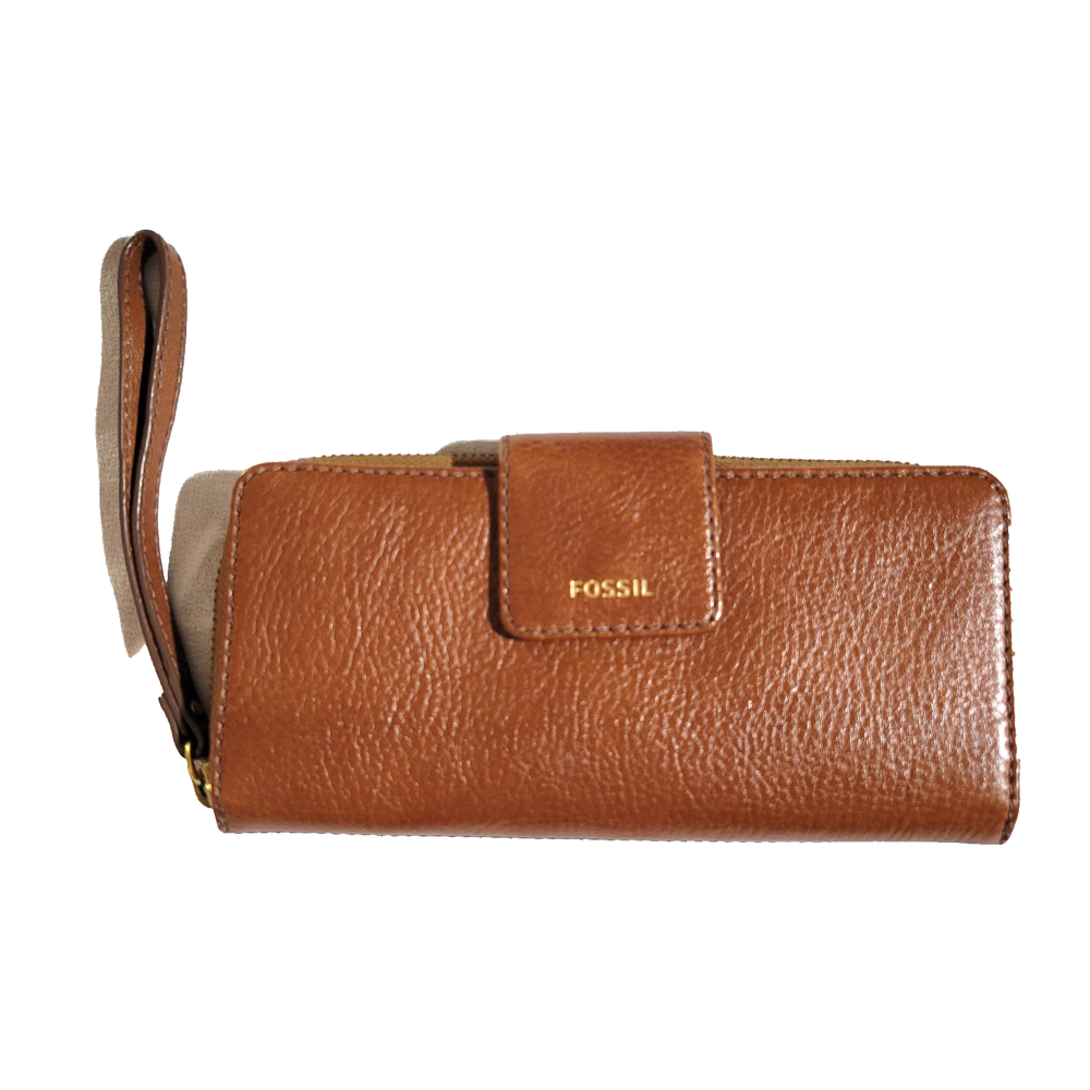 Fossil Madison Zip Clutch Medium Brown Leather Wristlet Wallet Tab Closure