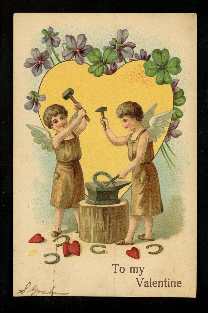 Valentine's Day Greetings postcard angel cupid horseshoe embossed Vintage