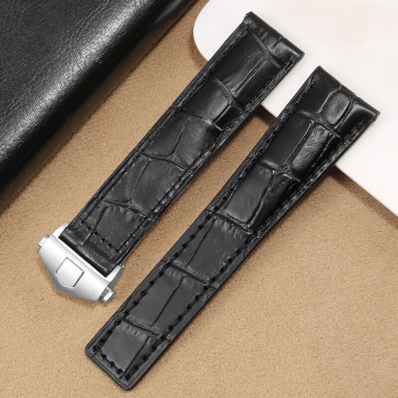 22mm Genuine Leather Strap for Tag Heuer Grand Carrera CAV518B16 F1 Black with Silver Stitching New