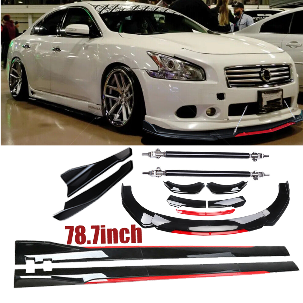 For Nissan Maxima Front Bumper Lip Splitter + Side Skirt Glossy Black +Red