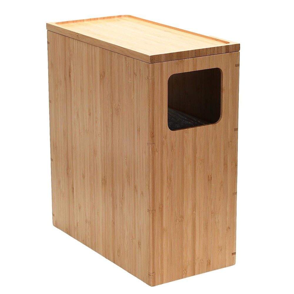 Bamboo Slim Trash Can with Lid, Waste Basket for Bathroom, Bedroom, Office,