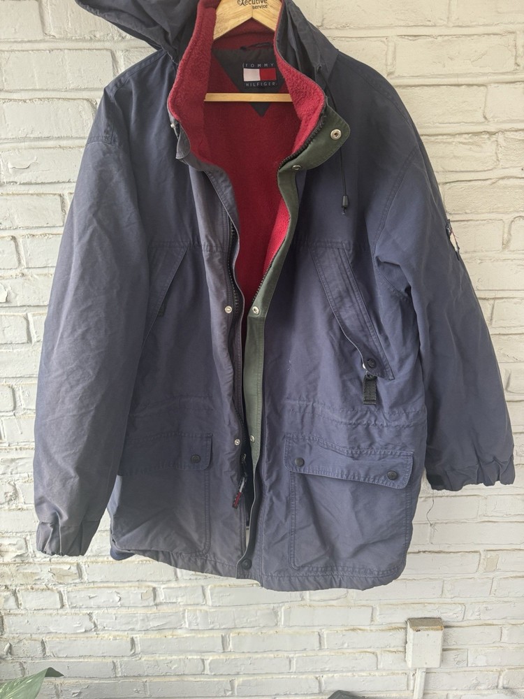Vintage Y2K Tommy Hilfiger Navy Heavyweight Fleece-Lined Hooded Jacket Size XL