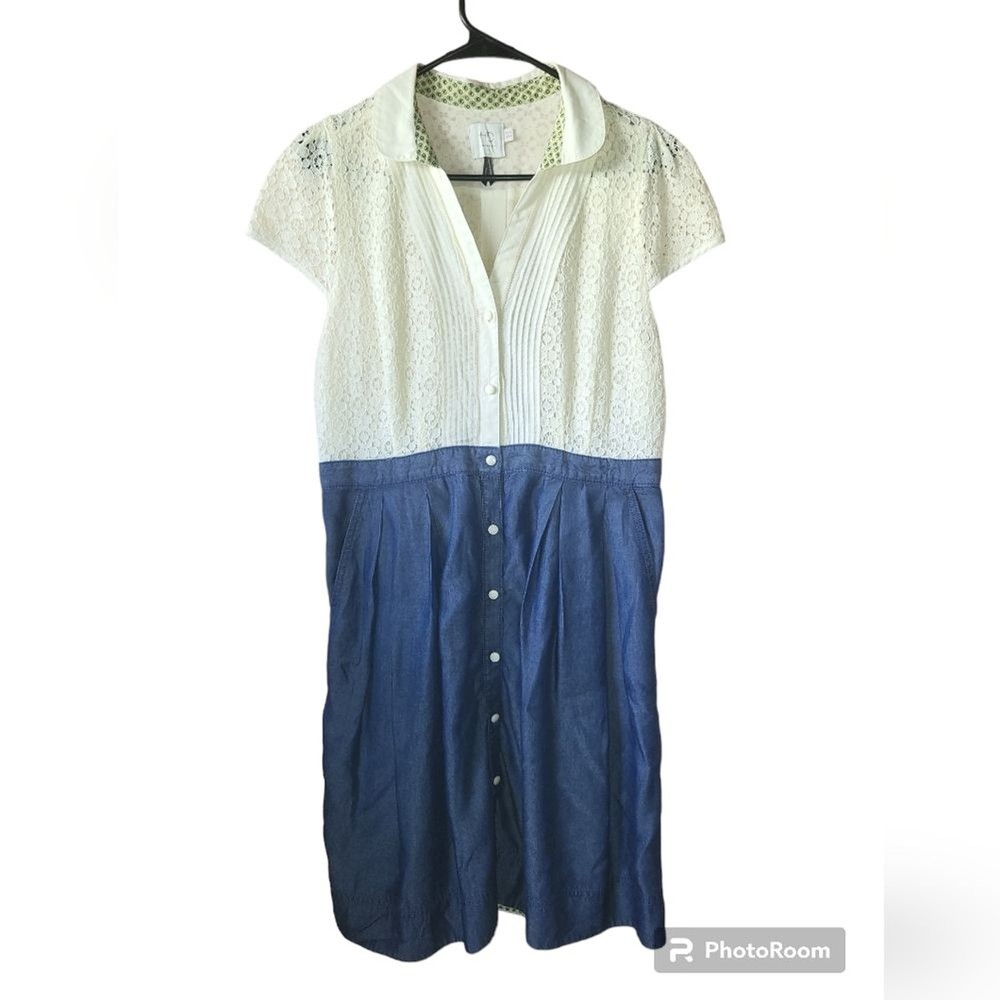 HD In Paris Anthropologie Lace Chambray Button Front Cap Sleeve Dress