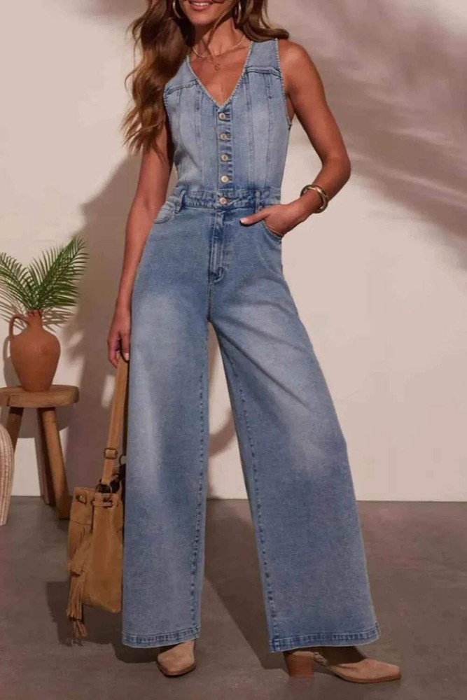 V-neck Denim Jumpsuit with Wide Leg Design for Effortless Style and Comfort