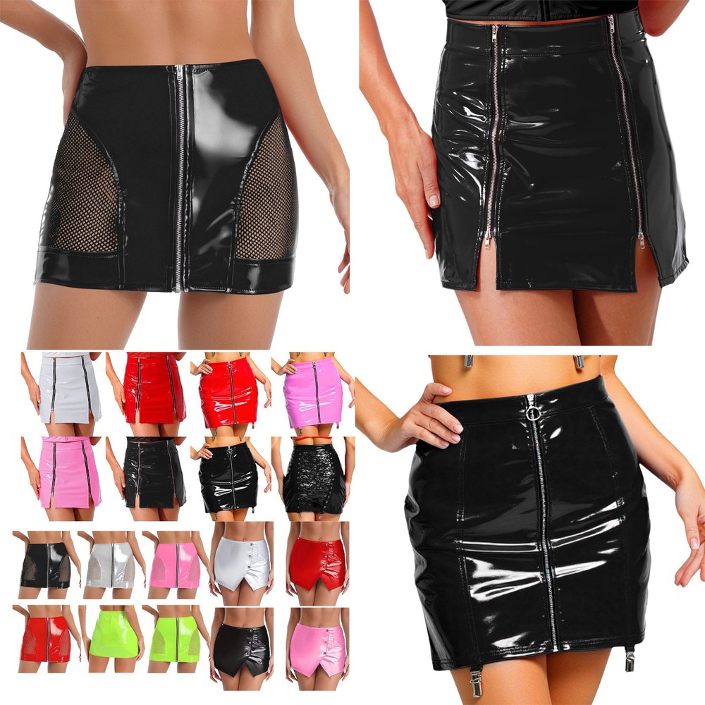 US~ Womens Glossy PU Bodycon Miniskirt Mesh Front Zipper Wet Look Hip Wrap Skirt