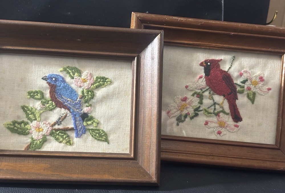 Vintage Set Of 2 Bluebird Cardinal Birds Cross Stitch Embroidery Wood Frame Art