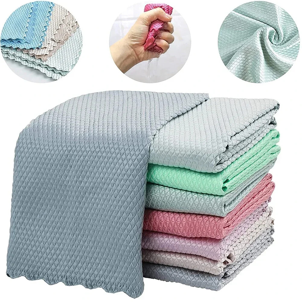 10pcs Kitchen Cleaning Microfiber Fish Scale Cloth Dishwashing Cloth Lint-free
