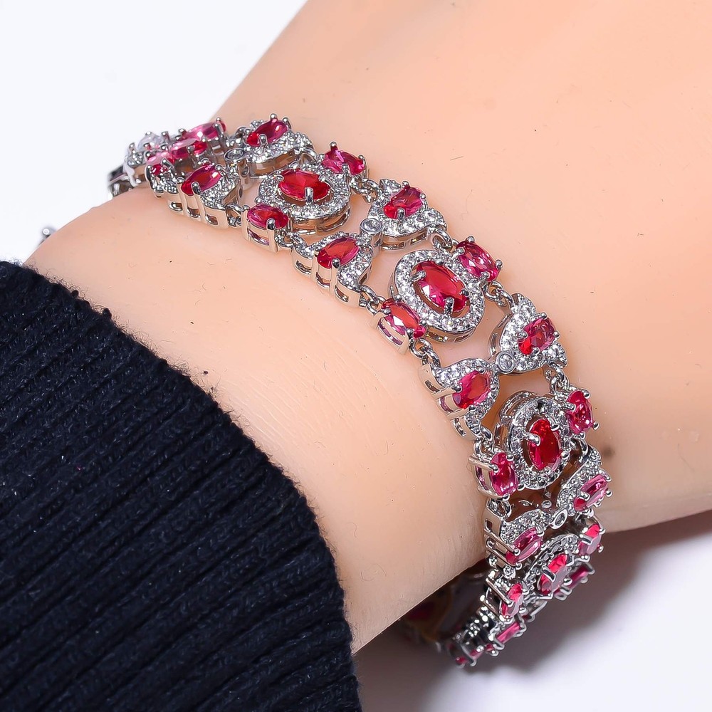 Pink Rubellite Tourmaline CZ Sterling Silver Tennis Bracelet 7.99 Inch B196