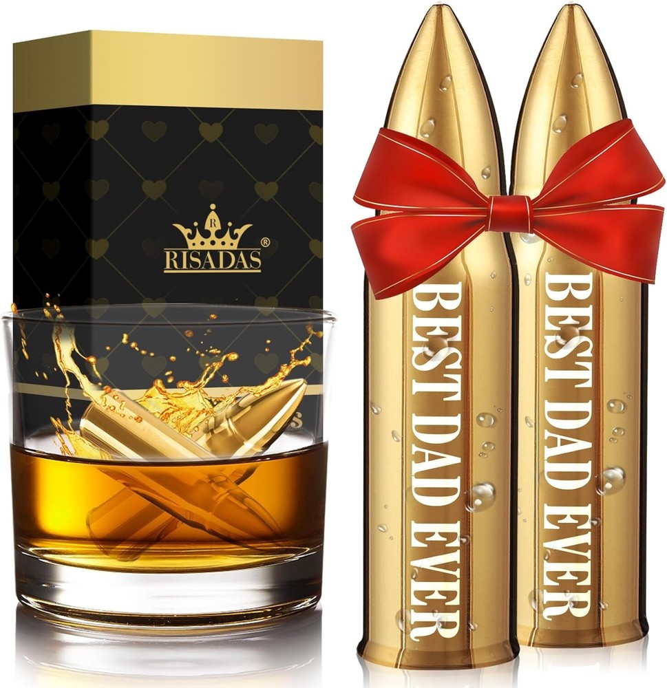 Whiskey Stones Gift Set for Dad - 2 Stainless Steel Cubes with Best Dad Ever Engraving-image