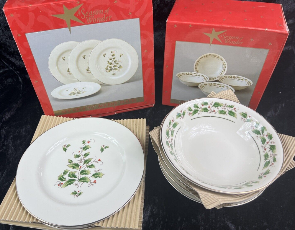 Season of Wonder Holiday Christmas Dishes~~2 NIB w/4 Salad Plates & Ceral Bowls
