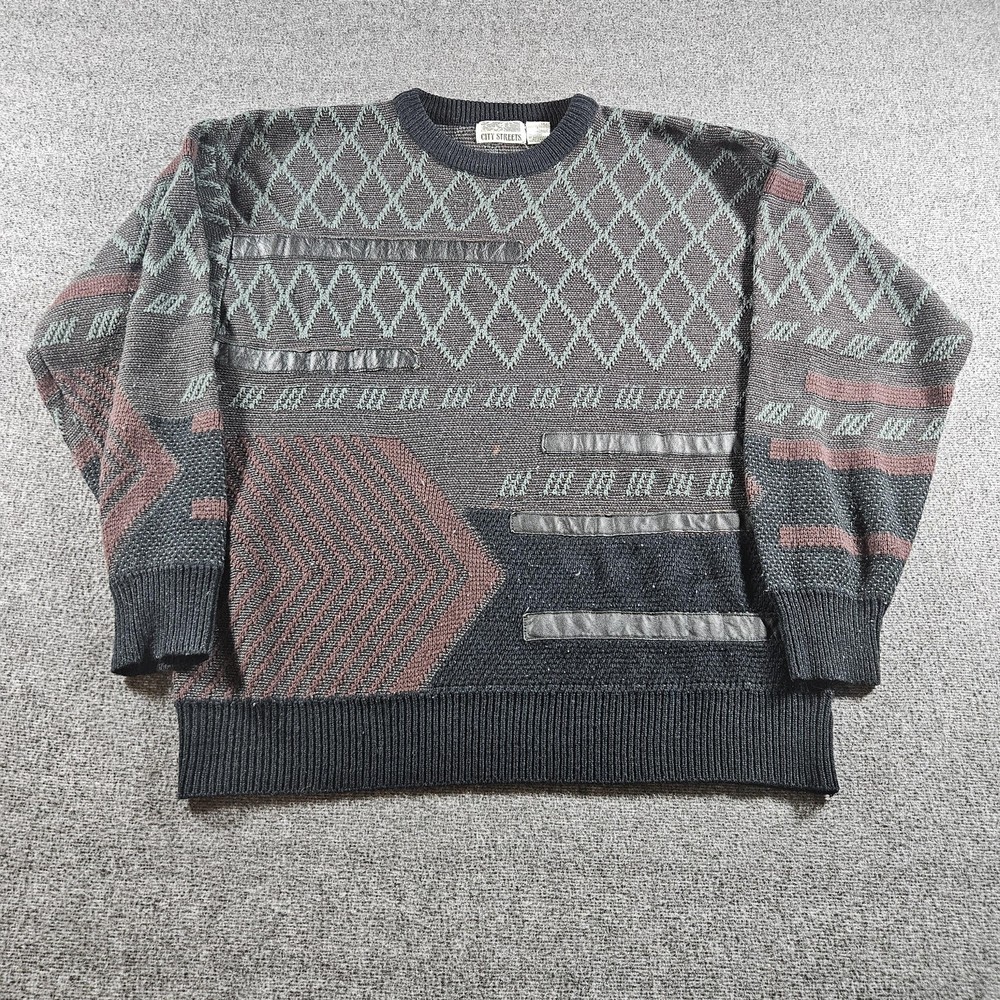 Vintage City Streets Sweater Mens Large Gray Geometric Knit Pullover Korea