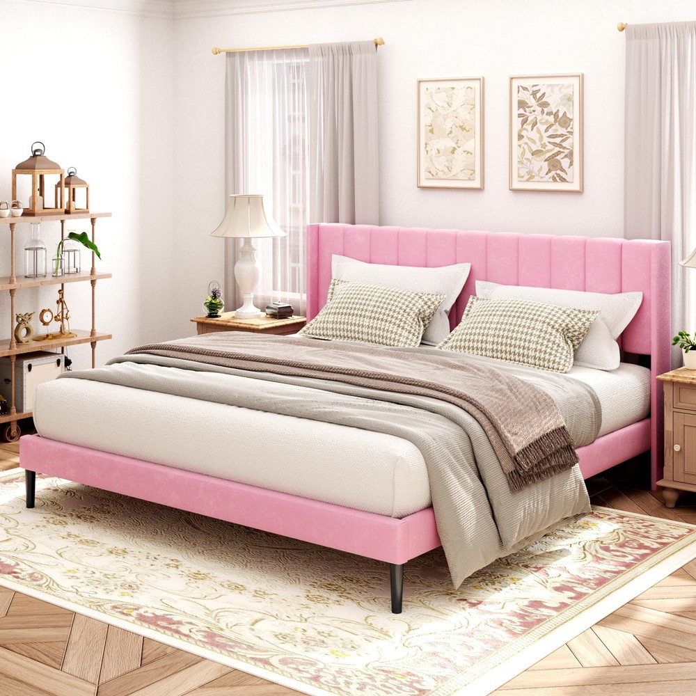 Slim Queen Bed Frame with Headboard and Vertical Channel Design for Enhanced Support