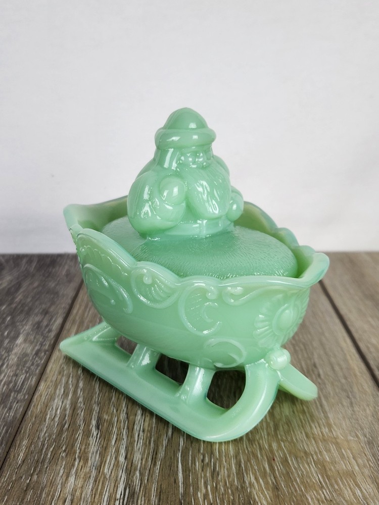 Jadeite Green Milk Glass Santa in Sleigh Christmas Centerpiece Candy Dish - READ
