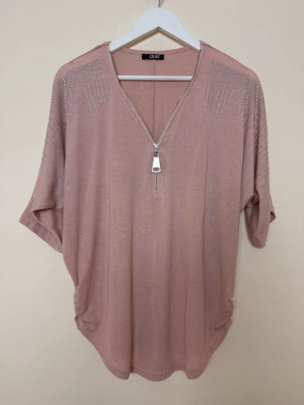 Quiz Dusky Pink Oversized Zip Front Top  Embellished Shoulder Detail Small  VGC