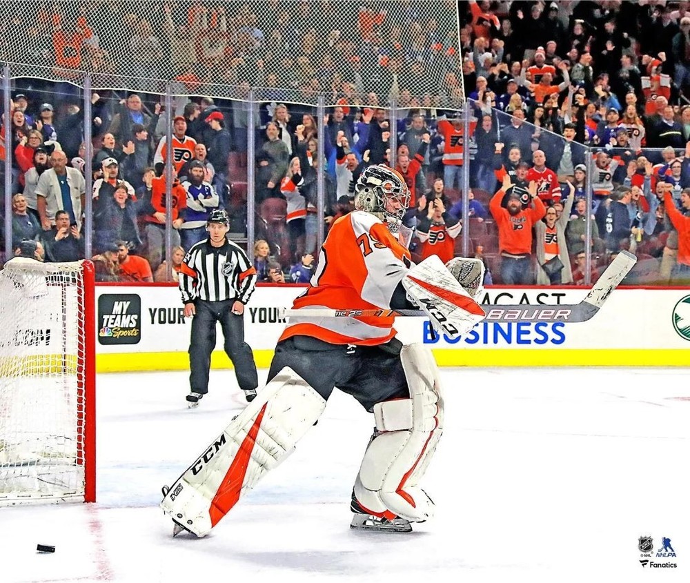 Carter Hart Philadelphia Flyers Orange Jersey Win Celebration Poster