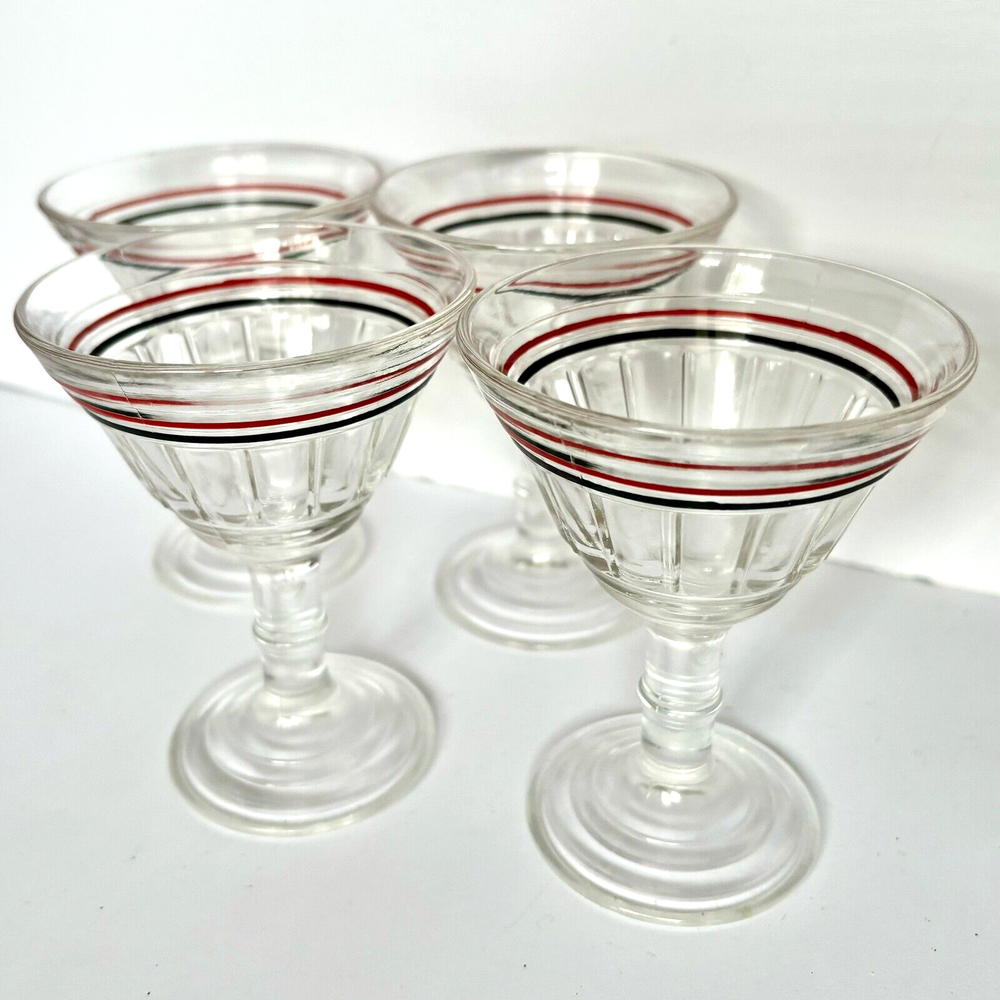 Vintage Hazel Atlas New Century Crystal Goblet Cocktail Glasses with Red & Black Band